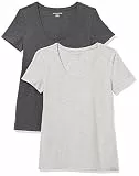 Amazon Essentials Damen Kurzärmeliges T-Shirt mit U-Ausschnitt (Erhältlich in Übergröße), Klassischer Schnitt, 2er-Pack, Kohlegrau Meliert/Hellgrau Meliert, L