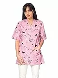 DINOZAVR Bruna Kasacks Damen Pflege V-Ausschnitt Kurzarm - Kasack Damen Bunter Druck mit 2 Unteren und 1 Oberen Tasche - Kasaks Altenpflege rosa/Herzen 2XL