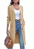 Imily Bela Strickjacke Damen Lang Zopfmuster Open Front Cardigan Langarm Herbst Winter Strickcardigan mit Taschen(Khaki,L)