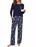 Namatime Schlafanzug Damen Lang Pyjama Damen Baumwolle Print Schlafanzüg Loungewear Winter Langarm Nachtwäsche mit Taschen Marineblau Stern S