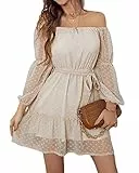 BebreezChic Kleid Damen Elegant Langarm Off Shoulder Einfarbig Swiss Dot Luftig Sommerkleid Minikleider Partykleid Strandkleid mit Gürtel, Beige M