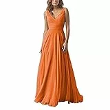 yhfshop Damen Festliche Kleider Maxi Hochzeit,Kleid aus Chiffon mit doppelter Schulter und V-Ausschnitt, A-Linien-Partykleid-Orange B_48,Damen Abendkleider Lang