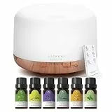 ASAKUKI 500mL Aroma Diffuser für ätherische öle, Enthält 6 ätherische Öle, Luftbefeuchter mit Timer, Automatische Abschaltung bei Wasserlosem Zustand, und 7 Arten LED Lichtfarben