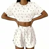 IECCP Schlafanzug Damen Kurz Pyjama Kurzarm Pyjamas Set Nachtwäsche Set Zweiteiliger Sommer Loungewear Sleepwear Hausanzug Sport Oberteile Weiße Rose M