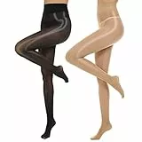 MANZI 2 Paar Glanzstrumpfhosen Damen Sexy Seidenglatt Feinstrumpfhose 15 Den transparent reißfest Schwarz und Natur,L-XL