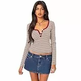 MeeQee T Shirt Damen Basic Casual Crop Tops Y2K Slim Fit Langarm Oberteile Gestreift Langarmshirts Sexy Enges V Ausschnitt Bluse Party Streetwear