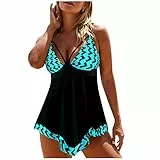 Saymany Damen Übergröße Tankini Bauchweg Tankini Set Zweiteiliger Badeanzug Zweiteiler Tankinis mit Muster Lang Oberteile Und Badeshorts Badeanzug Beachwear Zweiteiler für Frauen