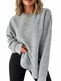 Fisoew Pullover Damen Rundhals Langarm Sweatshirts Seiten Schlitz Langarmshirts Elegant Basic Pulli Loose Tunika Tops Casual Oberteile Grau XXL