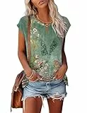 Tanmolo Damen T-Shirt Oberteile Top Sommer mit Flügelärmeln & Metallring-V-Ausschnitt Elegant Casual Shirt Bluse für Freizeit und Alltag Grün-Blumen, S