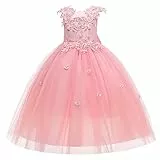 LOLANTA Festliches Kleid Mädchen, Prinzessin Kleider Mädchen Hochzeit Partykleid, Elegant Langes Abendkleid Kommunikation Spitze Tüllkleid für Kinder, 6-7 Jahre, Rosa, Tag 130