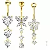 JeiibrZui 3pcs Bauchnabelpiercing, Bauchnabelpiercing 10mm, Piercing Bauchnabel Schmuck, Herz Schmetterling Blume Anhänger, Piercing Bauchnabel Schmuck Damen (Gold)