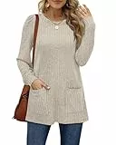 Aokosor Pullover Damen Herbst Elegant Vordertasche Strickpullover Dünn Oversize Lang Basic Jumper Beige XXL