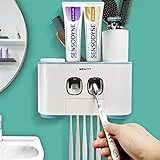 WEKITY Zahnbürstenhalter, Zahnbürstenhalter Wand und Zahnpastaspender Set für Kinder und Erwachsene, 2 Zahnpastaspender Automatisch mit 5 Zahnbürstenschlitze und 4 Tassen,Kein Bohren