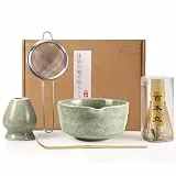 Matcha Set mit Ausguss - 5-tlg. Matcha Tee Set Japanisch inkl. Matcha Schale (Keramik), Matcha Besen & Halter - Traditionelles Macha Tea Set mit Sieb für Teezeremonie