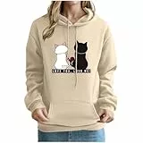 KOG Hoodie Damen Baumwolle Sweatshirt mit Kapuze Katzen-Drucken Hooded Sweatshirt 2025 Oberteil Elegante Langarmshirt Warme Teenager Mädchen Mode Oversized Kapuzenpullover Oberteile Khaki L