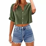 UHouse Kurze Bluse Damen Musselin Leinenbluse Sommer Crop Tops Elegant Blusentop Bauchfreies Damenblusen Casual Leichte Sommerbluse V-Ausschnitte Hemd Hemdbluse Kleidung Grün S