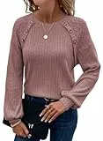BLENCOT Damen Pullover Langarm Spitzen Winter Herbst Casual Rundhalsausschnitt Dressy Shirt Patchwork Blusen