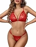 Avidlove Dessous-Sets Damen Frauen Flirty Lingerie Sexy Babydoll Dessous Spitze BH und Slip Reizwäsche Rose Schleifen Unterwäsche Set Rot M