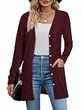MYCOLORBLUE Strickjacken für Damen Elegant Gerippt Cardigan Langarm Knopfleiste mit Taschen Strickcardigan Weinrot M