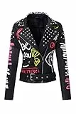 Giolshon Damen Kunstleder Jacke Nieten Floral Moto Biker Kurzer Revers Mantel 0480 Schwarz XL