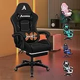 ALFORDSON Bürostuhl, Gaming-Stuhl, Massage-Gaming-Stuhl, Ergonomischer Gamer-Stuhl mit Fußstütze, Kopfstütze, Massage-Lendenkissen, Gepolstert, Drehstuhl aus Leinenstoff, Schwarz