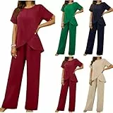 AACH Hosenanzug Damen Sommer Outfits Elegant Slim Fit 2-Teiliges Kurze Ärmel Rundkragen Oberteile und Weite Hose Zweiteiler Geschäft Büro Sportanzug Locker Einfarbig Freizeitanzug Mode Anzug