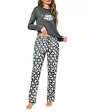 Demegimi Schlafanzug Damen Lang Pyjama Baumwolle Rundhals Eule Eulen Nachtwäsche Winter Schlafanzüge