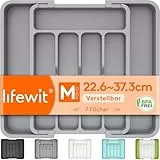 Lifewit Besteckkasten für Schubladen, verstellbarer Kunststoff Organizer Küche Tiefe 31 cm, Besteckeinsatz 5-7 Fächer, erweiterbar bis 37 cm, für Löffel und Gabeln, Grau, Mittel