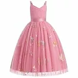FYMNSI Blumenmädchen Kleid Kinder Mädchen Träger V-Ausschnitt Ärmellos Geburtstag Partykleid Prinzessin Tüllkleid Maxikleid Hochzeit Brautjungfer Festkleid Langes Abendkleider Dunkelrosa Blumen 6J