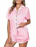 Niwicee Satin Schlafanzug Damen mit Knopfleiste Kurz Nachtwäsche Pyjamas Set Zweiteiliger Nachtwäsche Hausanzug PJs V-Ausschnitt Loungewear (Rosa, M)