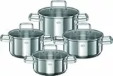 RÖSLE MOMENTS Topfset 4-tlg., 2 Braten- und 2 Kochtöpfe mit Glasdeckel und Innenskalierung im Set, Edelstahl 18/10, spülmaschinen-, ofen- und induktionsgeeignet
