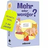 Rabano Art Mehr oder Weniger - Schätzspiel ab 2 Personen - 150 Fragen - Spiel für Erwachsene & Kinder ab 7 Jahren - Tolles Kartenspiel für 2+ Spieler - Familienspiel, Gesellschaftsspiel oder zu zweit