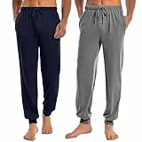 Marvmys Schlafanzughose Herren Lang mit Bündchen Einfarbige Pyjamahose für Männer Schlafhose Haushose Freizeithose mit Knopfleiste Navy blau+Dunkelgrau M