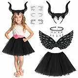 ACWOO Teufel Kostüm Mädchen, Malefi-cent Kostüm Mädchen, 5 Stück Königin Hörner Kostüm, Maleficent Karneval Kostüm Mädchen, Halloween Kostüm Damen Teufel für Halloween Karneval Fasching Cosplay Party