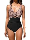 CUPSHE Damen Badeanzug Bauchweg Raffungen Crossover V Ausschnitt Zierausschnitten Tierdruck Einteilige Bademode Swimsuit Schwarz/Leopard XL
