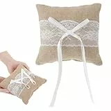 Nogeqi Ringkissen Hochzeit,Spitze Ringkissen mit Bowknot Satinband, Flachs Ringkissens Hochzeit Standesamt für Verlobung Oder Antrag Hochzeitszeremonie
