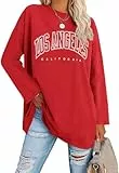 Ebifin Oversize Langarmshirt Damen Longshirt Rundhalsausschnitt Los Angeles Oberteil Langarm T Shirts Pullover Basic Tunika Tee Tops.Rot.XXL