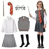Charmofun Zauberer Kostüm Kinder, 8-teiliges Magier Costume Mädchen mit Leuchtendem Zauberstab, Bluse, Rock, Weste, Krawatte und Brille, Wizard Outfit Set für Karneval, Halloween & Cosplay