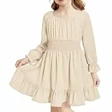 JiAmy Mädchen Kleid Quadratischer Ausschnitt Langarm A Linie Kleider Kinder Casual Elegante Party Prinzessin Festlicheskleid für Mädchen 5-6 Jahre Beige
