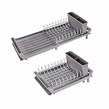 Erreke Abtropfgestell Geschirr, Geschirrabtropfgestell, Abtropfgestell Geschirr Klein, Ausziehbar, Ausläufe in die Spüle, Rost Edelstahl Besteckhalter, Abtropfständer Kompakt 28x20cm Farbe Grau