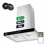 CIARRA CBCS6102 A+++ Dunstabzugshaube 60cm Umluft 650m³/h mit CBCF003 Aktivkohlefilter Touch-Bedienung 4 Stufen Inkl. Booster Abluft Wandmontage Abzugshaube Edelstahl Silber