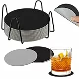 Yeria Untersetzer Gläser 14er Set Doppelseitige PU-Leder in Schwarz & Grau – Wasserdicht, rutschfest & Hitzebeständig mit Metallhalter für platzsparende Aufbewahrung (Schwarz/Grau - Rund)