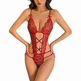 KONFEN Sexy Damen Dessous Set, Erotische Translucent Spitze Riemchen Bodysuit Frauen, Overall Lingerie mit Loch Reizwäsche BH und Höschen Sets, Verstellbare Offen Body Suit Unterwäsche, Rot