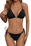 Zuvebamyo Damen Zweiteiliges Bikini Badeanzug Set – Sexy RIPP-Optik Triangle Top, Badeanzüge mit Bindebändern, Cheeky Bikini Sets, Schwarz, S