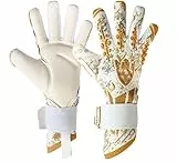 Keeperking Torwarthandschuhe für Erwachsene Junior Herren Fußball-Profi-Handschuhe Innennaht toller Grip 4mm Fester Sitz - Diverse Größe und Farben (Gold-Weiß-Negativ Cut, 9)