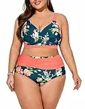 Hanna Nikole Zweiteiliger Badeanzug Bauchweg Bikini Push Up Beachwear für Mollige Frauen Rot & Dunkelgrün 42