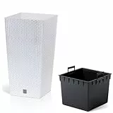 Prosperplast Rato Square Blumentopf 26,5 x 26,5 x 50 cm Weiß | Moderner Pflanzkübel in Rattan-Optik | Eckiger Übertopf mit Einsatz | Wetterfester Kunststoff für Balkon, Terrasse & Wohnung
