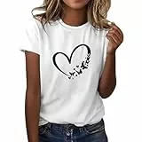 Tshirt Damen Weiss T Shirts Damen Baumwolle T Shirt Rundhals Kurzarm T-Shirts Sommer Oberteile Liebe Gedruckt Tunika Tee Shirts Bluse Tops (DE/NL/SE/PL, Alphanumerisch, M, Regular, Regular, G)