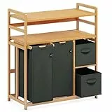 ADEL DREAM Wäschekorb 4 Fächer 2 Regale Wäschesammler 140L Wäscheboxen Mit Korb Wäschesortierer mit 2 Wäschesäcken & 2 Stoffboxen Wäschesack Bambus Wäscheregal Wäschebox Laundry basket Dunkelgrau
