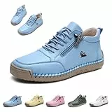 Damen Handgefertigt Weiches Leder Hohe Stiefel Outdoor Beck Schuhe Wasserdicht Rutschfest Allwetter Ultra-bequemer Barfußschuhe Reißverschluss Retro Wanderschuhe Orthopädische Sneakers(Blau,39 EU)